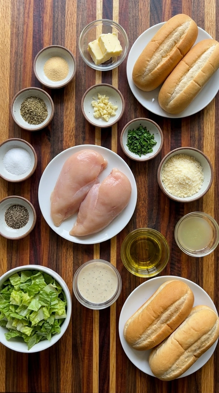 Ingredients for Chicken Caesar Garlic Bread Subs arranged in separate containers