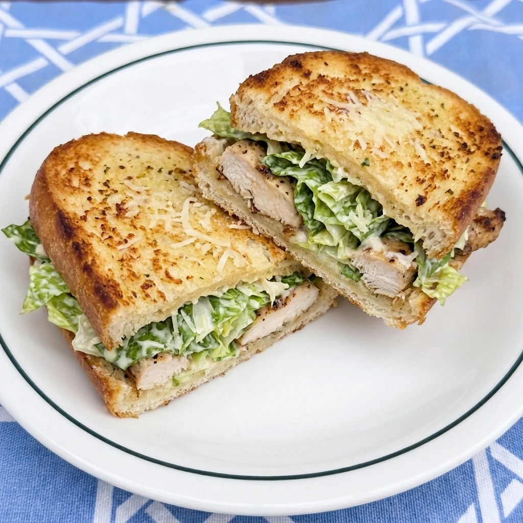 One Chicken Caesar Garlic Bread Sub cut open on a plate