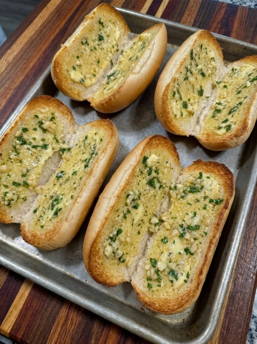 Four golden toasted garlic bread rolls for Chicken Caesar Garlic Bread Subs