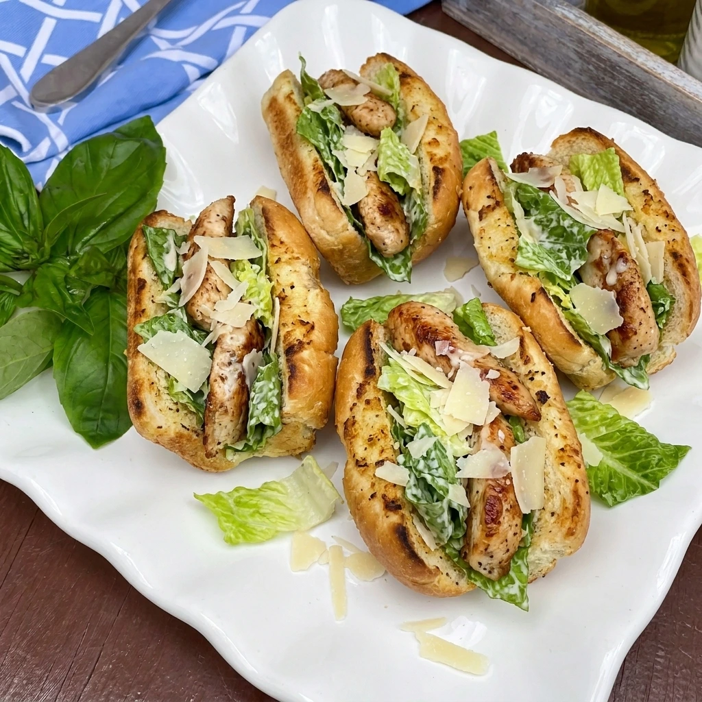 Chicken Caesar Garlic Bread Subs with golden garlic bread and chicken and romaine