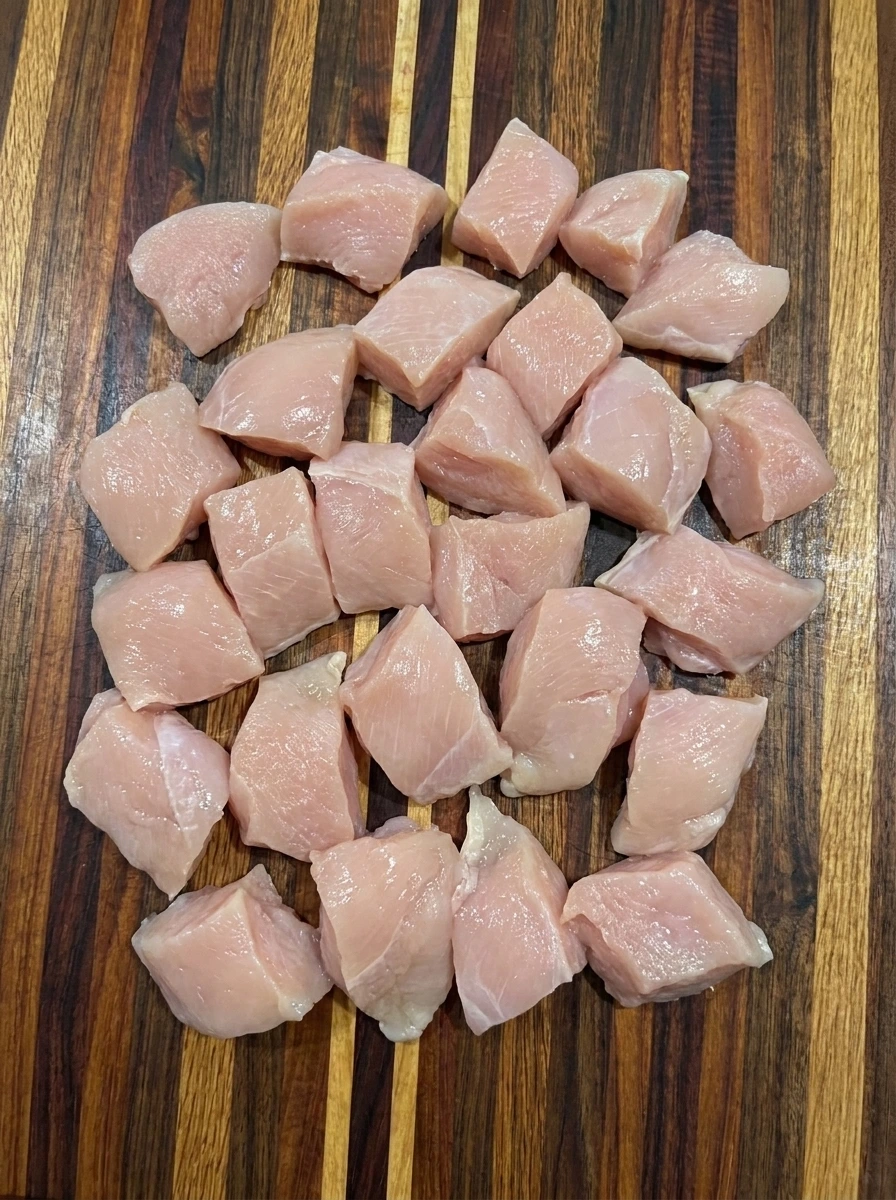 Raw chicken breasts cut into approximately 24 bite-sized chunks on a wooden cutting board