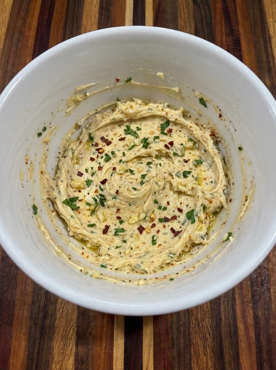 Creamy cowboy butter sauce mixed with garlic and herbs and Dijon mustard in a ceramic bowl