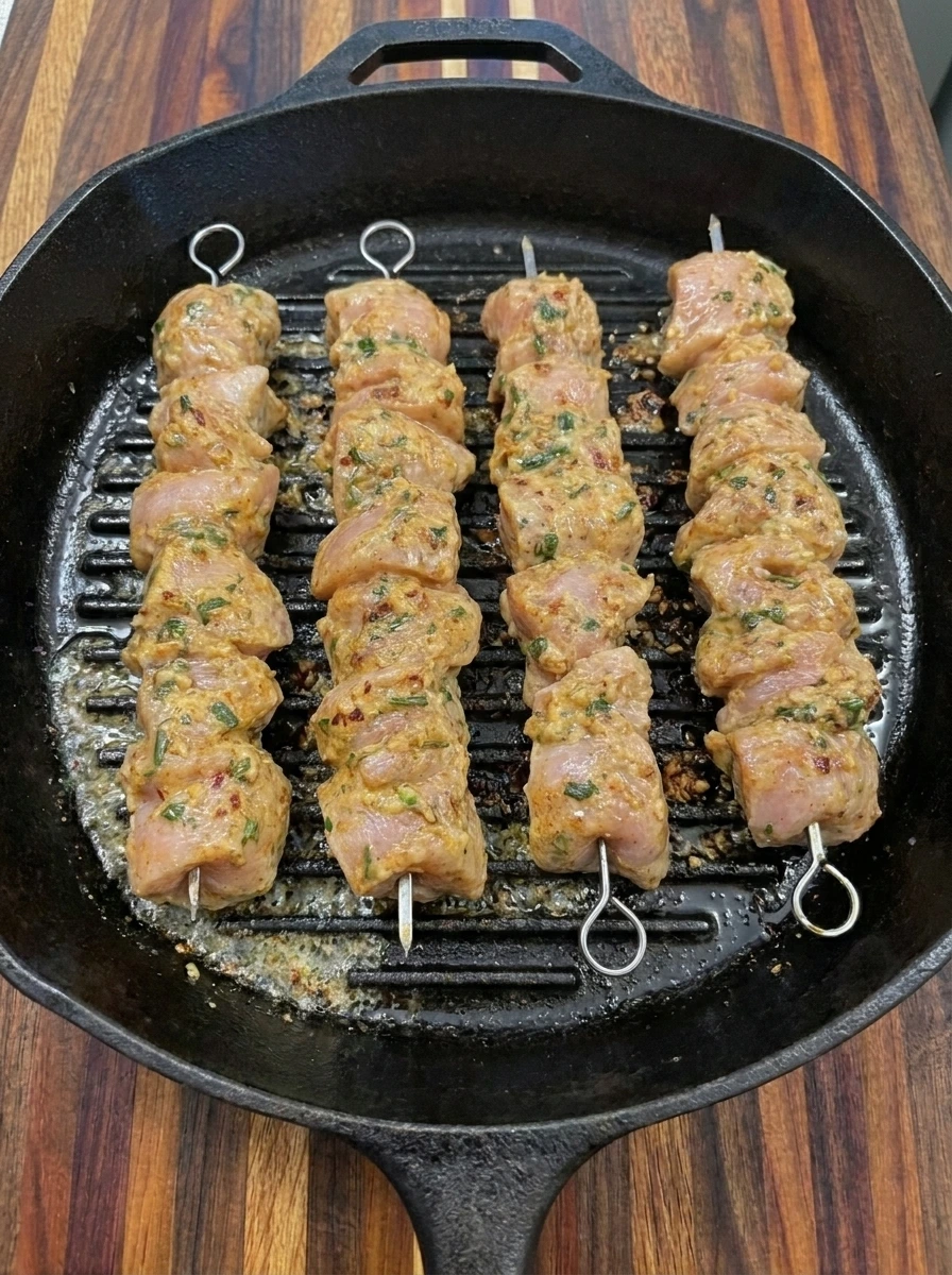 Fully cooked golden-brown Cowboy Butter Chicken Skewers in a cast iron grill pan