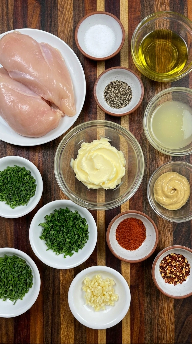 Raw chicken breasts and separate bowls of butter and garlic with lemon juice and herbs and spices for Cowboy Butter Chicken Skewers