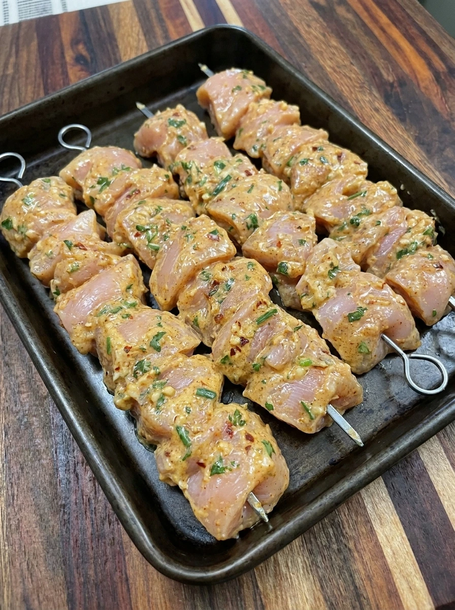 Four uncooked chicken skewers with six chicken pieces each coated in garlic herb cowboy butter