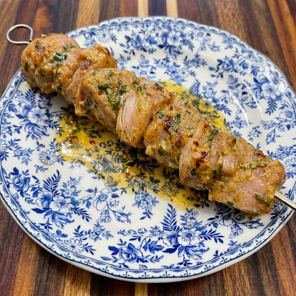 Single serving of Cowboy Butter Chicken Skewers with six juicy browned chicken pieces and garlic herb butter