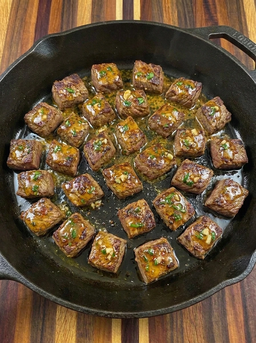 Golden brown steak bites coated in melted cowboy garlic butter sauce