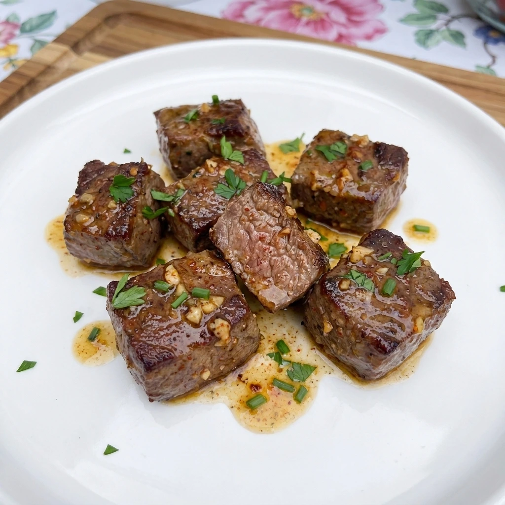 Single serving of juicy Cowboy Butter Steak Bites with fresh herbs and garlic butter