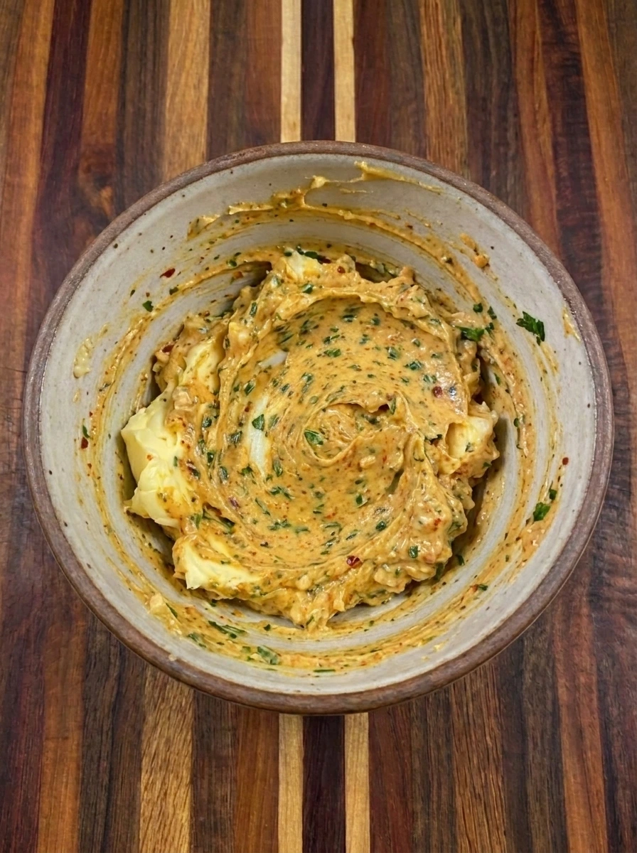 Homemade cowboy butter mixture with garlic and parsley and smoked paprika