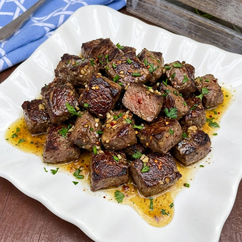 Juicy Cowboy Butter Steak Bites coated in garlic herb butter sauce with golden seared edges