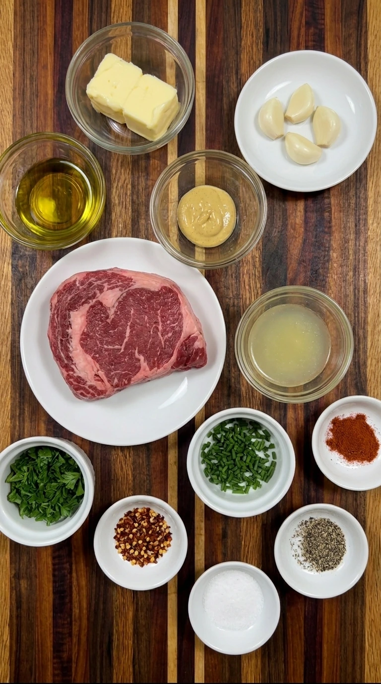 Raw sirloin steak and butter with garlic and herbs and seasonings for Cowboy Butter Steak Bites