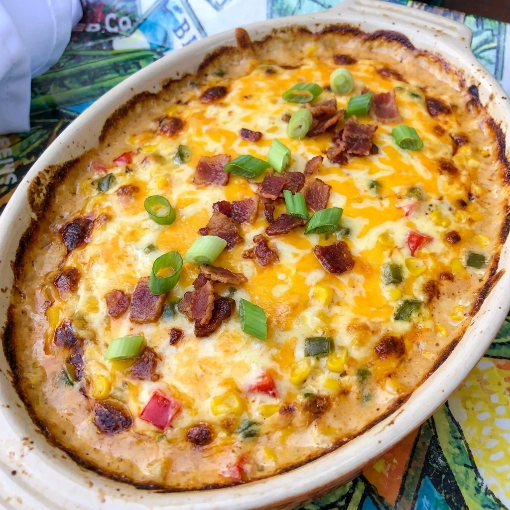 Cowboy Corn Dip with sweet corn and golden melted cheese and smoky bacon in a ceramic serving dish