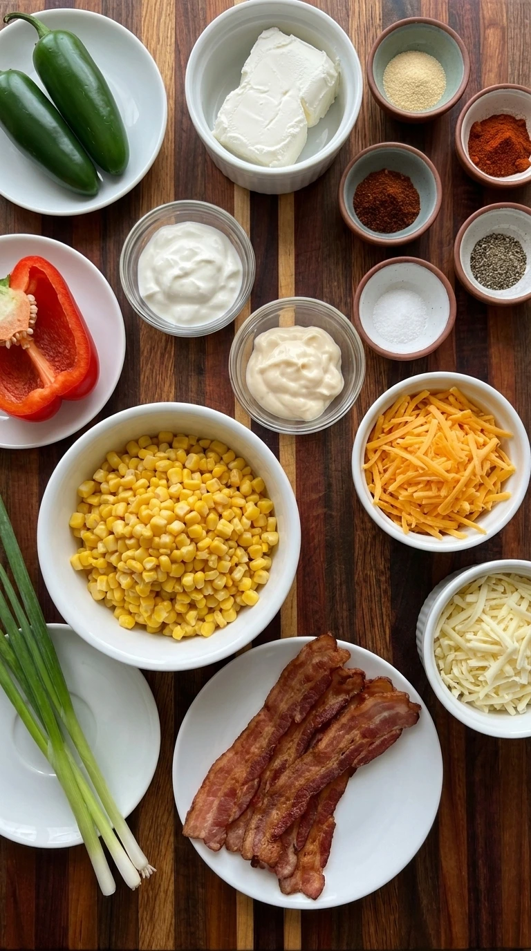 Ingredients for Cowboy Corn Dip including sweet corn and cream cheese and shredded cheese and bacon and fresh peppers