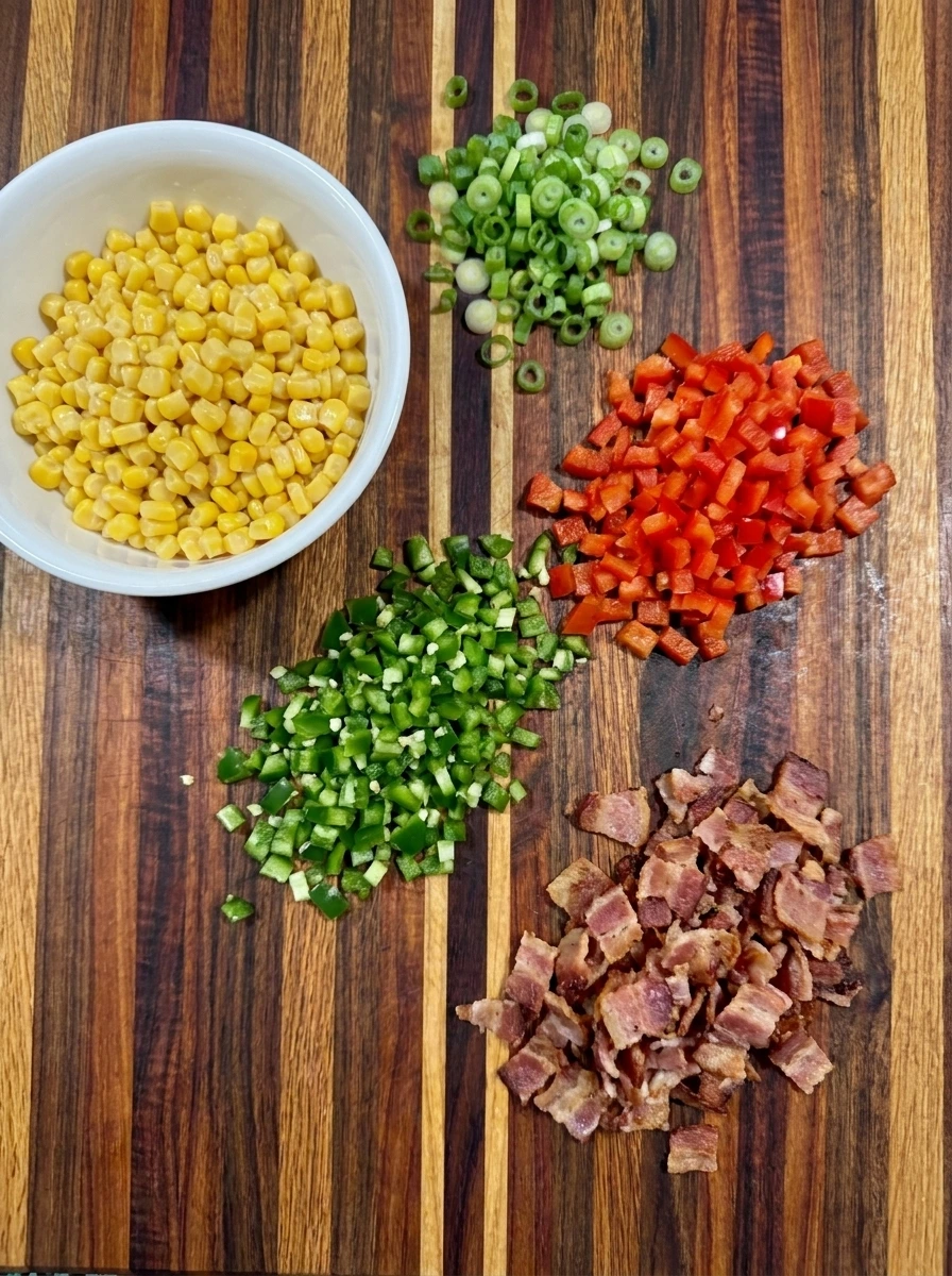 Diced jalapeños and red bell pepper with chopped bacon and green onions ready for Cowboy Corn Dip
