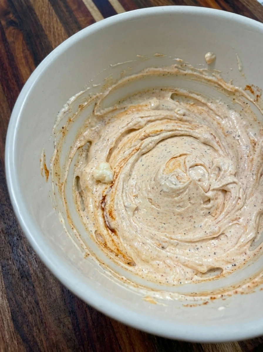 Cream cheese mixed with sour cream and mayonnaise and smoky seasonings for Cowboy Corn Dip