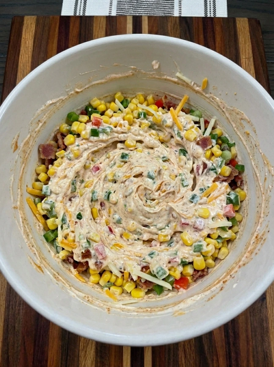 Sweet corn and peppers and bacon folded into creamy cheese mixture for Cowboy Corn Dip