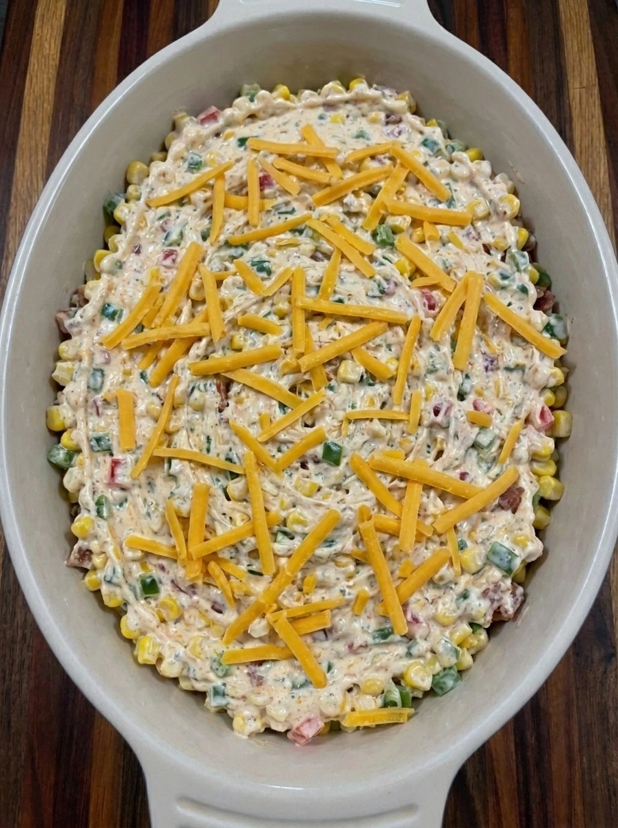 Unbaked Cowboy Corn Dip spread in a ceramic dish with shredded cheddar cheese on top