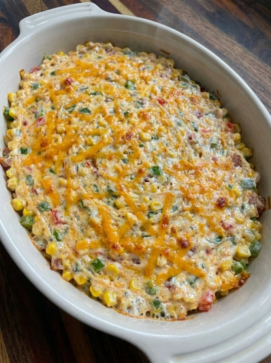 Baked Cowboy Corn Dip bubbling with golden melted cheese and sweet corn