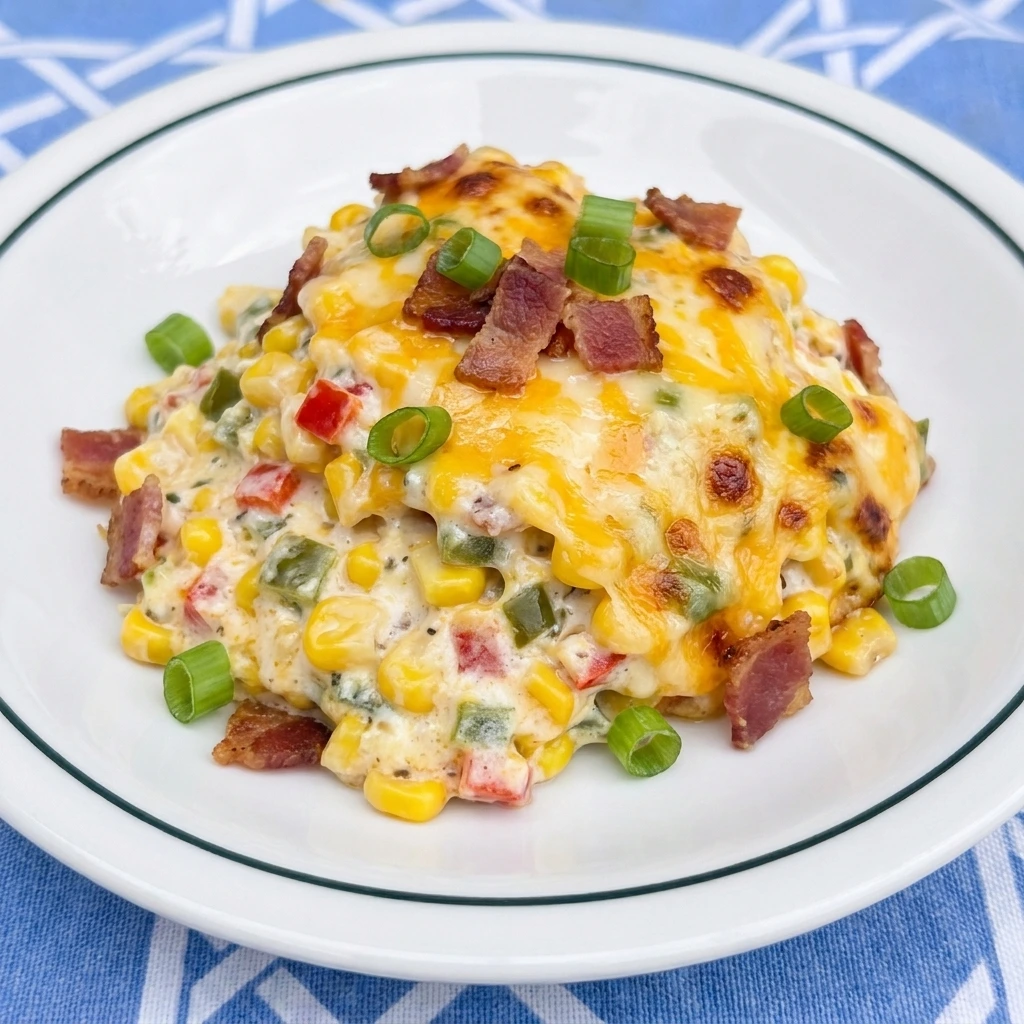 Single serving of Cowboy Corn Dip with creamy corn and melted cheese and bacon garnish