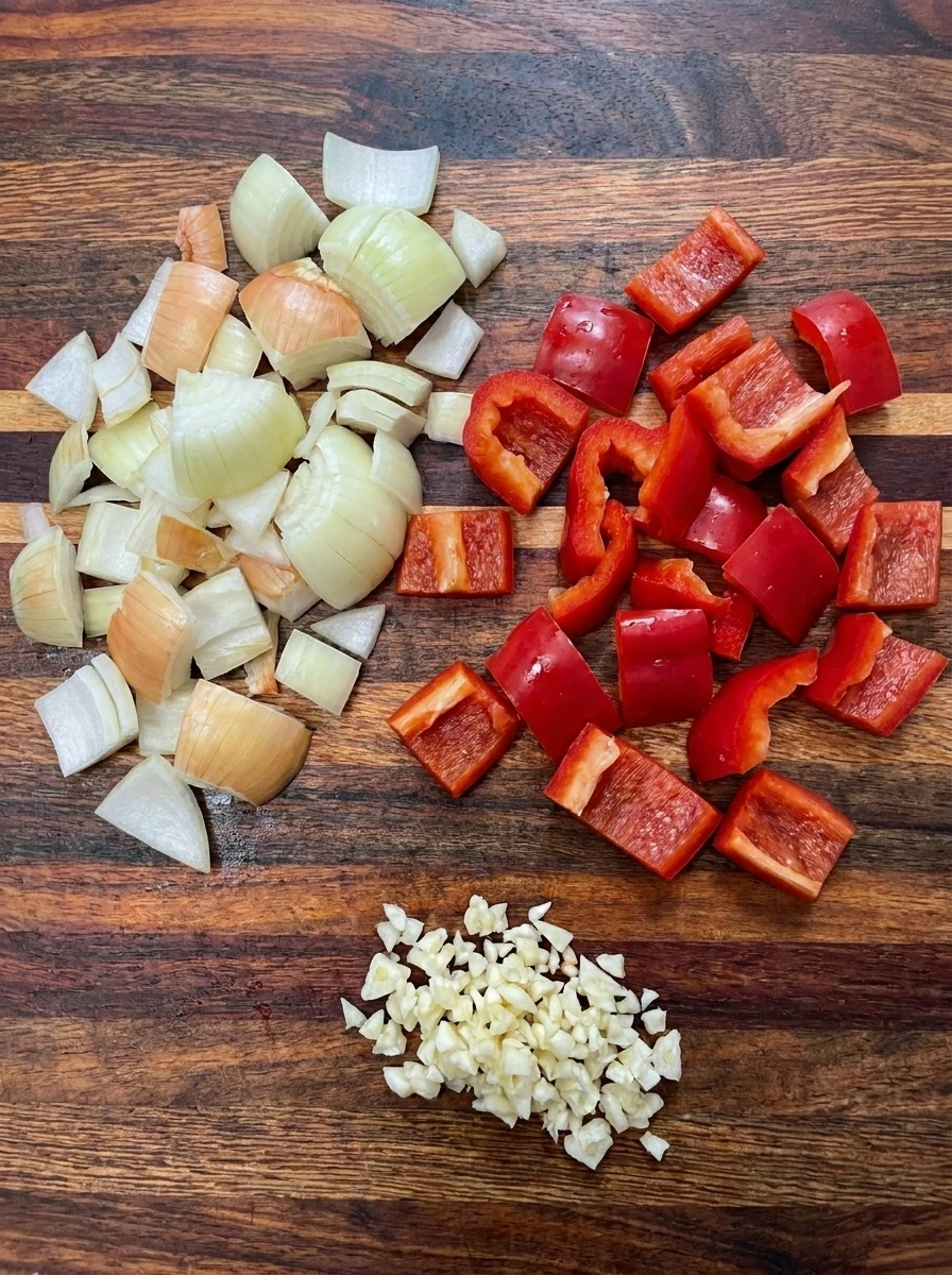 Diced onion and red bell pepper with minced garlic ready for Southwest chicken soup