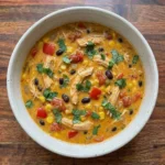 Creamy Southwest Chicken Soup with shredded chicken and black beans and corn in a rich orange broth