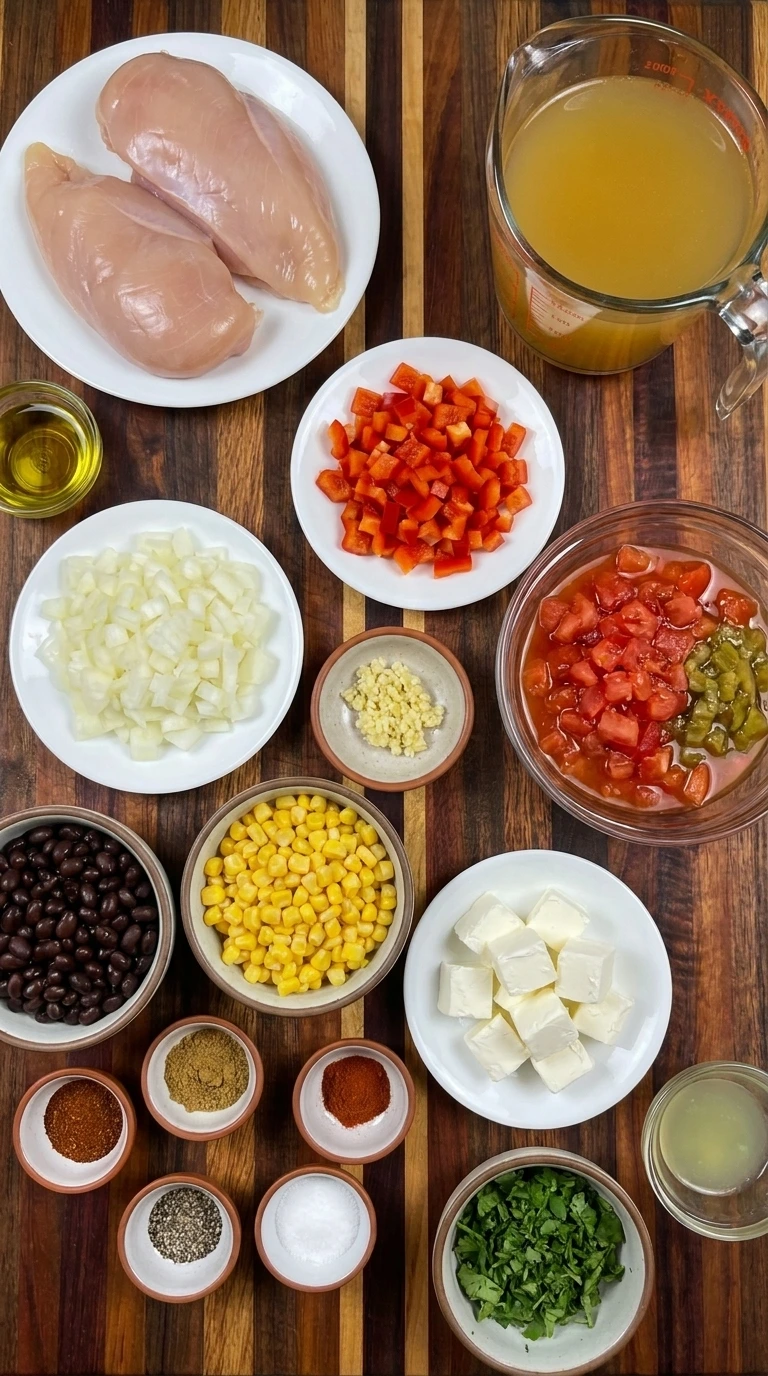 Ingredients for Creamy Southwest Chicken Soup including chicken breasts and beans and corn and cream cheese