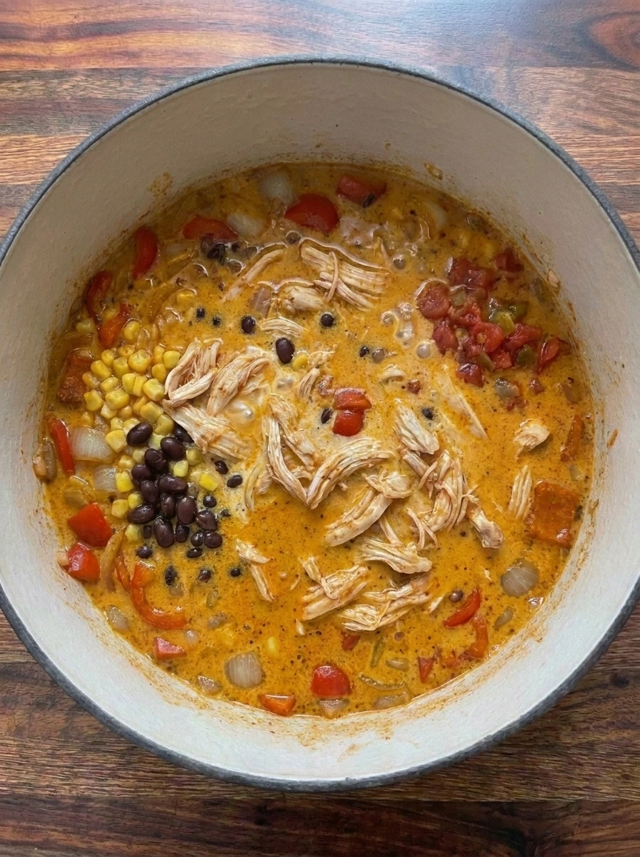 Cream cheese melted into Southwest chicken soup creating a thick golden creamy broth