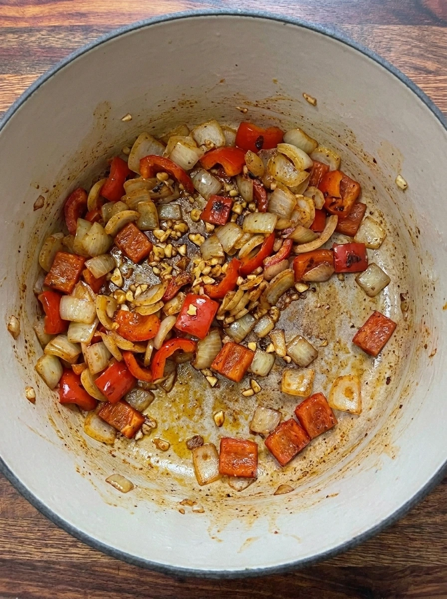 Onion and red pepper sautéed with garlic and Southwest spices in a soup pot