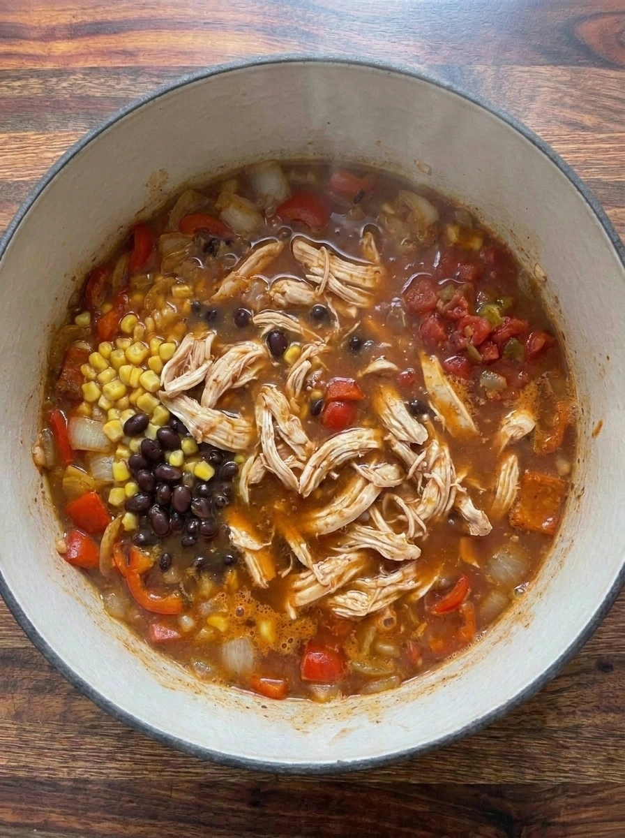 Shredded cooked chicken mixed into Southwest soup with corn and black beans
