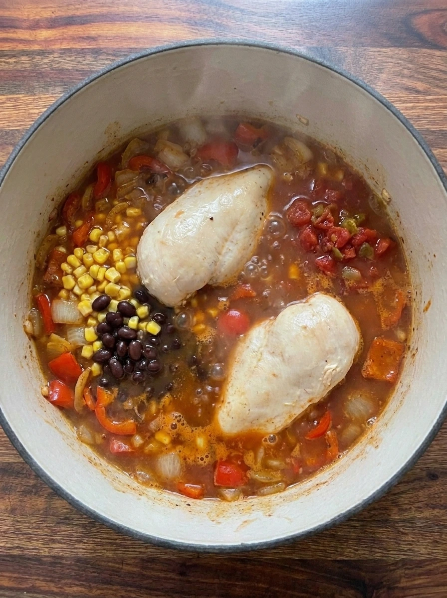 Whole chicken breasts simmering with black beans and corn in seasoned Southwest soup broth