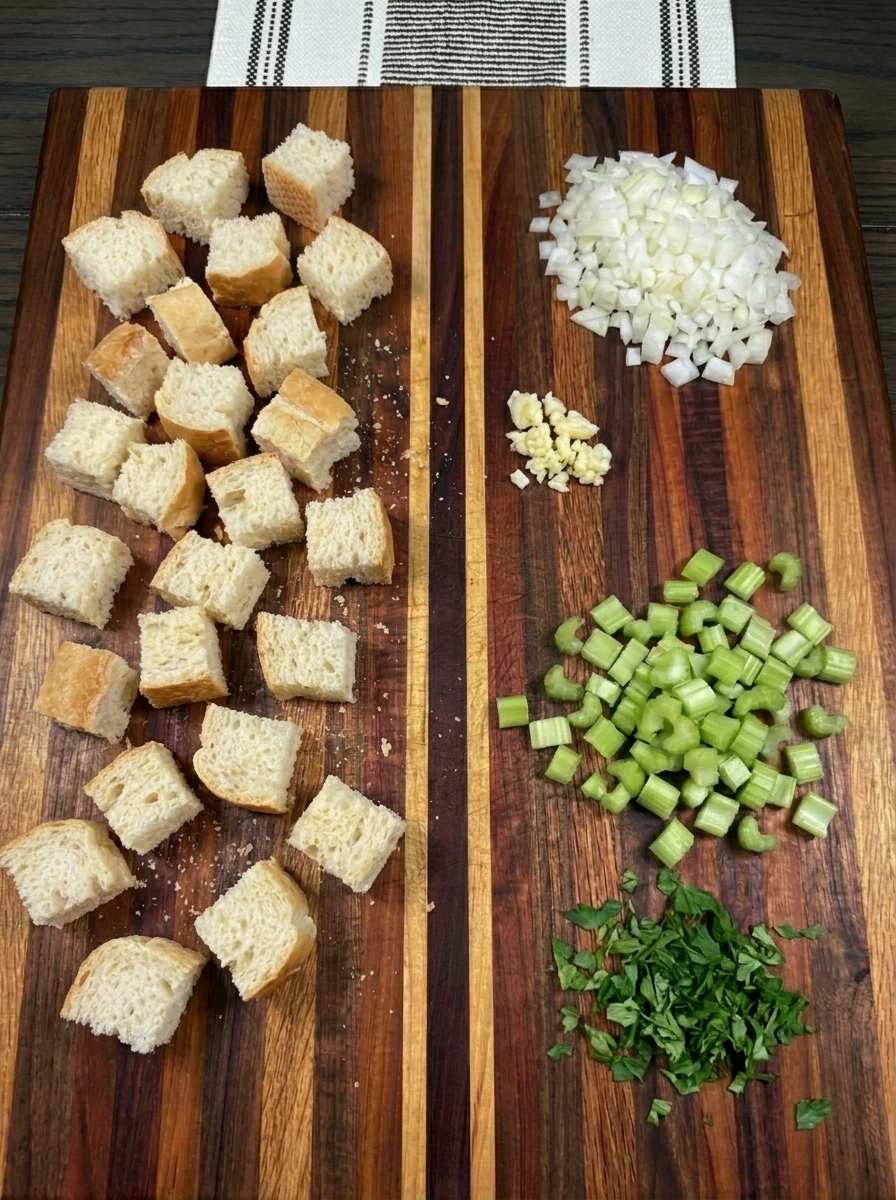 Cubed French bread with chopped onion and celery and garlic for Thanksgiving Stuffing