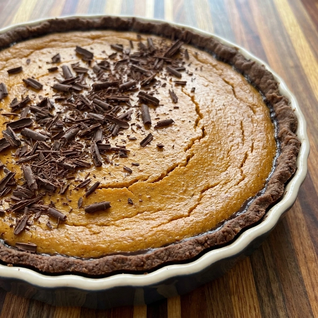 Dark Chocolate Pumpkin Tart with pumpkin custard and dark chocolate crust