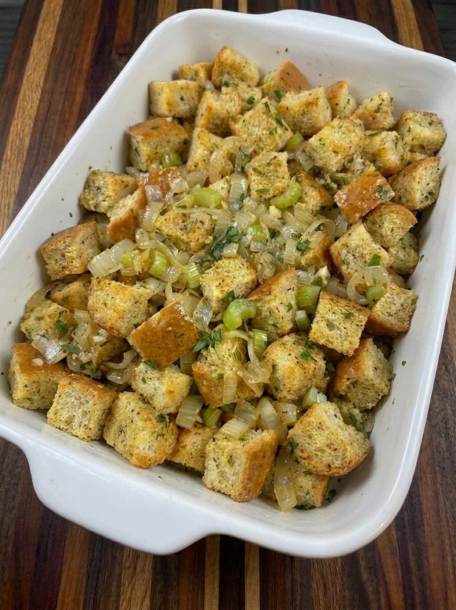 Freshly baked Thanksgiving Stuffing with crispy golden-brown bread and herbs