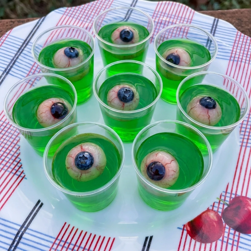 Halloween Eyeball Gelatin Shots with green gelatin and lychee blueberry eyeballs