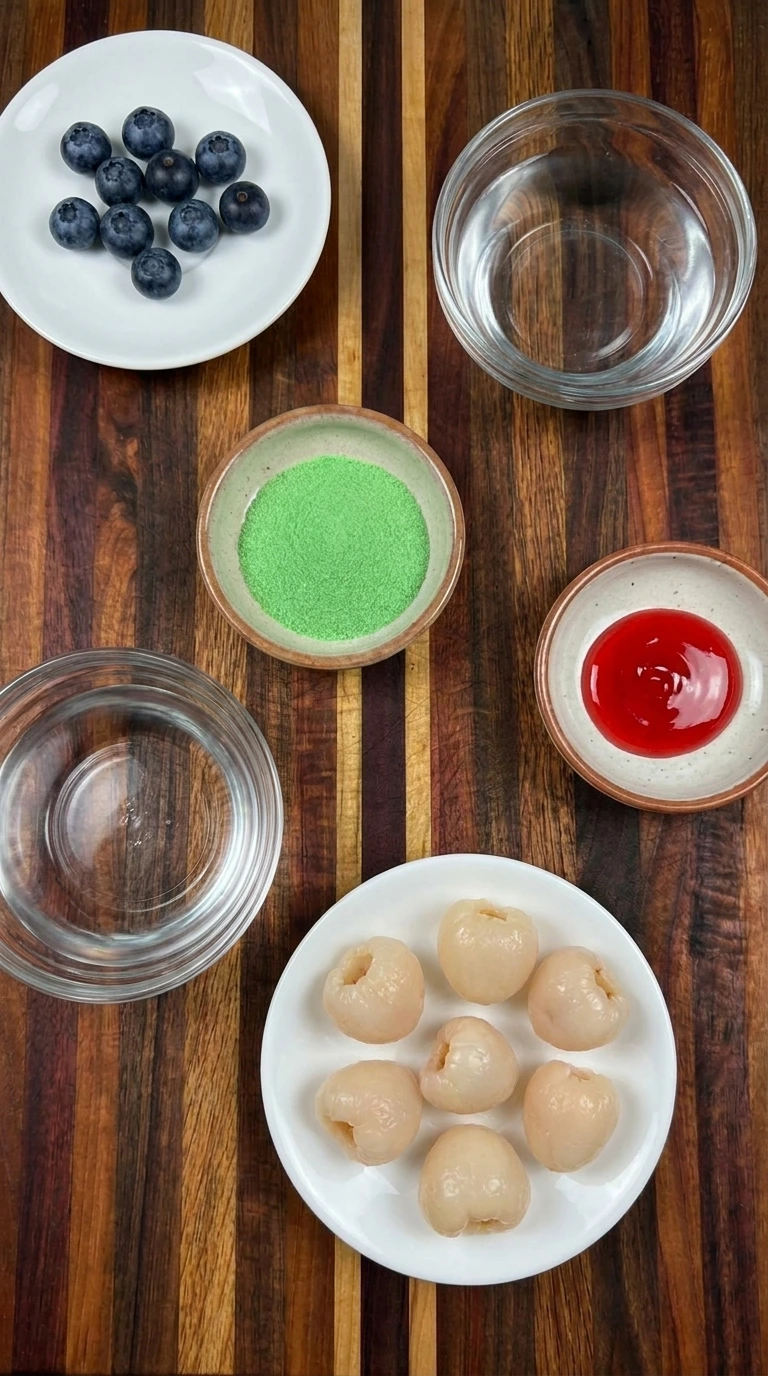 Ingredients for Halloween Eyeball Gelatin Shots arranged in separate containers