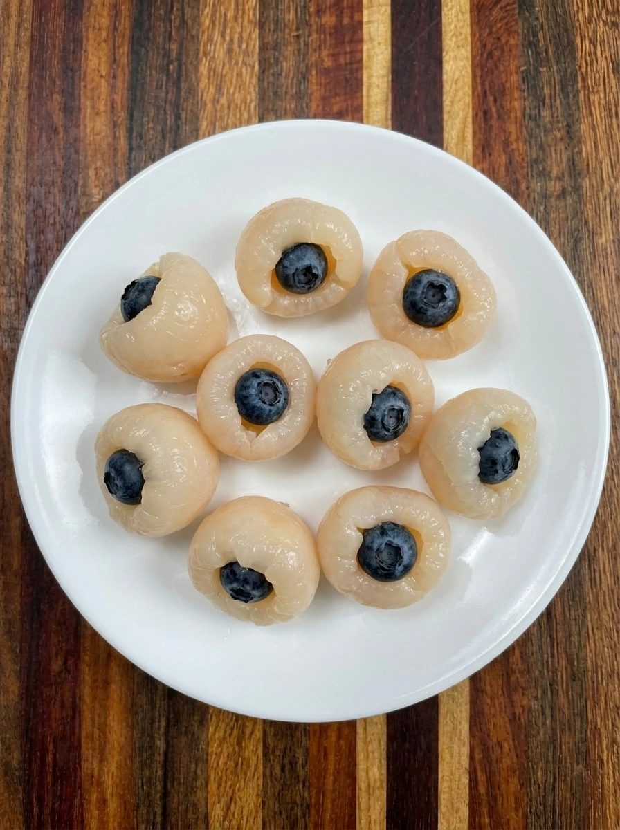 Eight lychees filled with blueberries for Halloween Eyeball Gelatin Shots