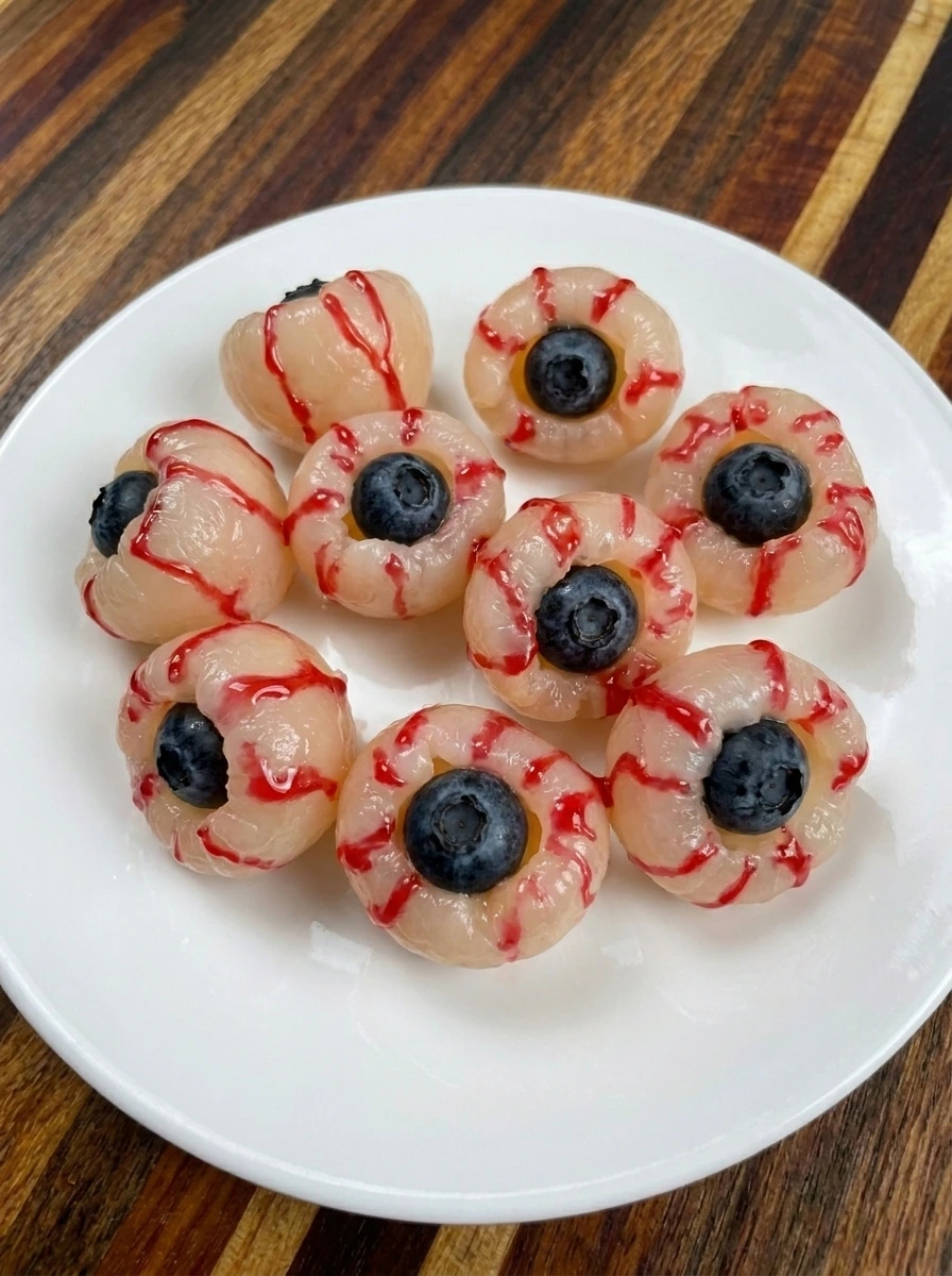 Lychee eyeballs with red veins for Halloween Eyeball Gelatin Shots