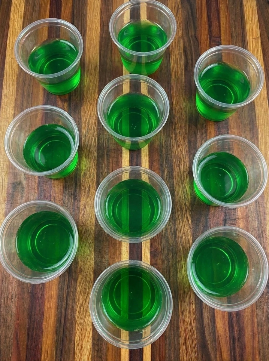 Eight cups half filled with green gelatin for Halloween Eyeball Gelatin Shots