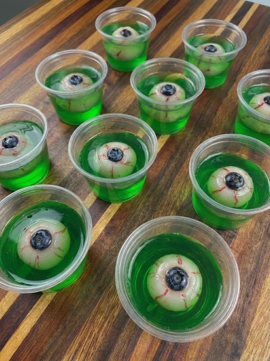 Lychee eyeballs added to green Halloween gelatin cups