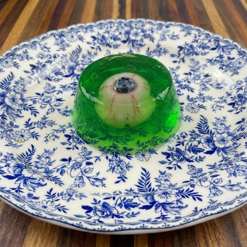 Single Halloween Eyeball Gelatin Shot served on a white plate