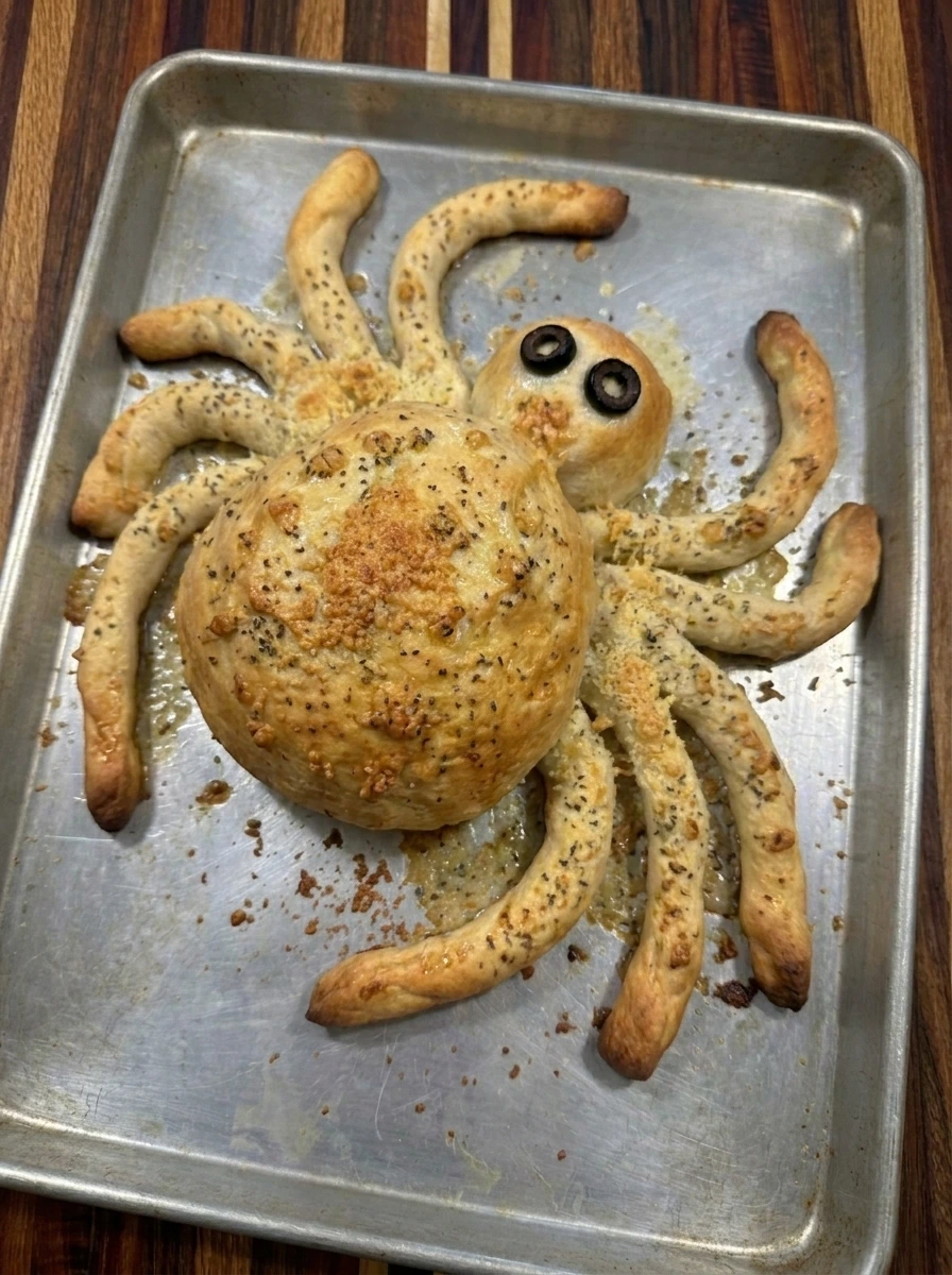 Baked Halloween Spider Bread golden with eight puffed legs
