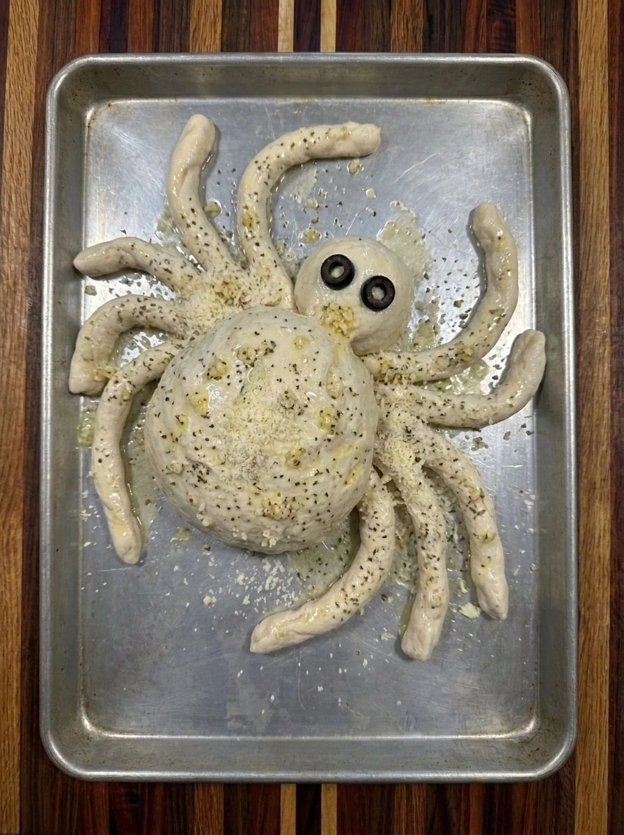 Halloween Spider Bread coated with garlic butter and Parmesan