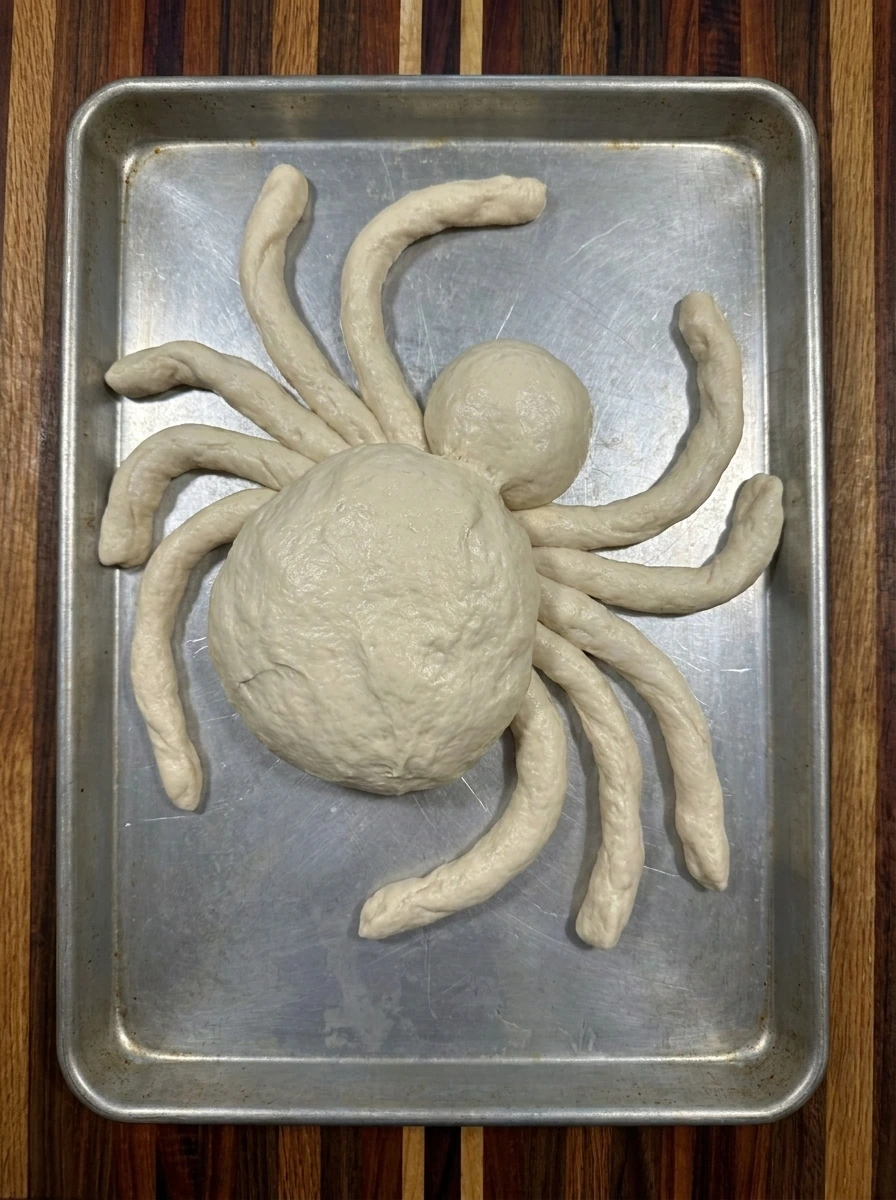 Raw dough shaped into Halloween Spider Bread with eight legs