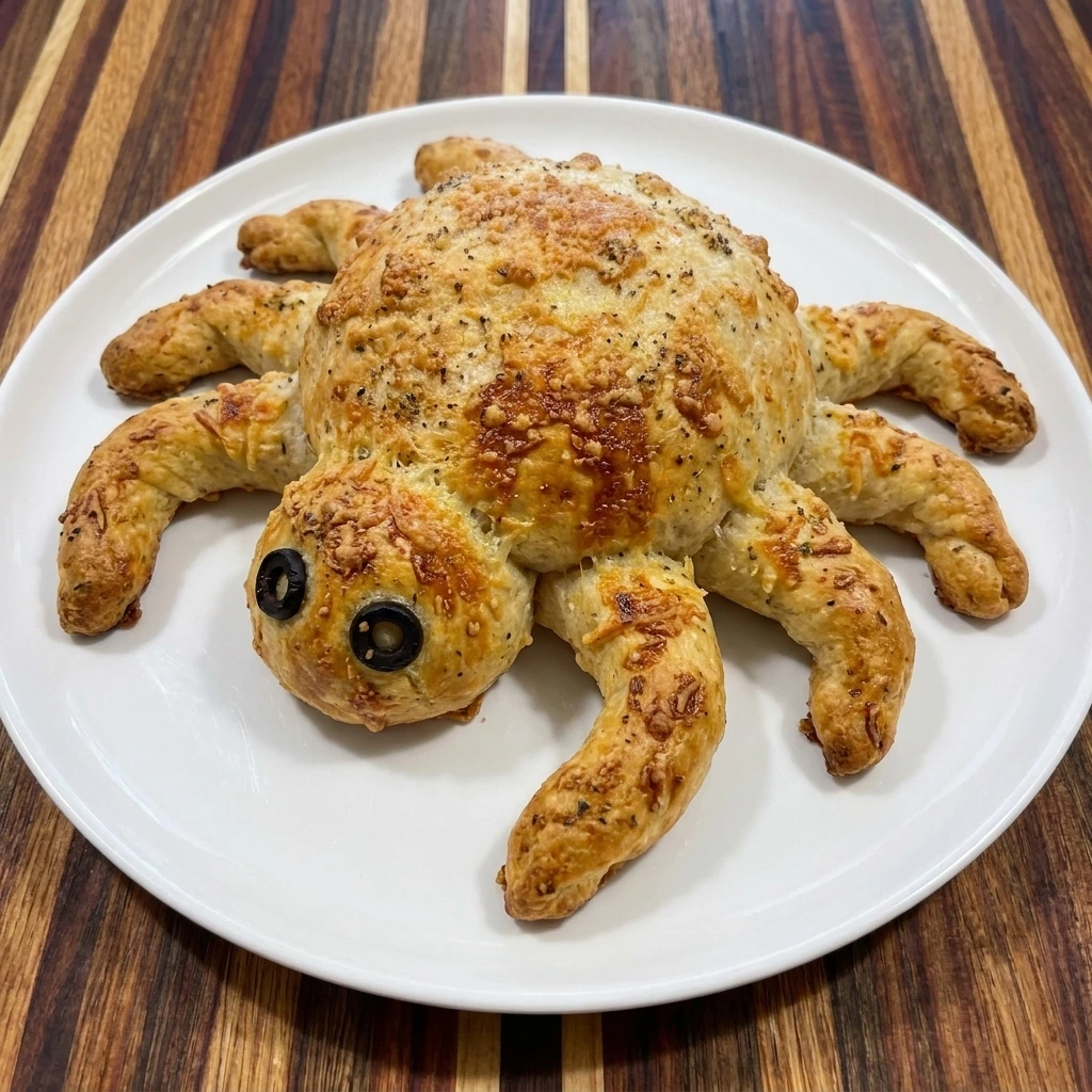 Golden Halloween Spider Bread with eight bread legs and olive eyes