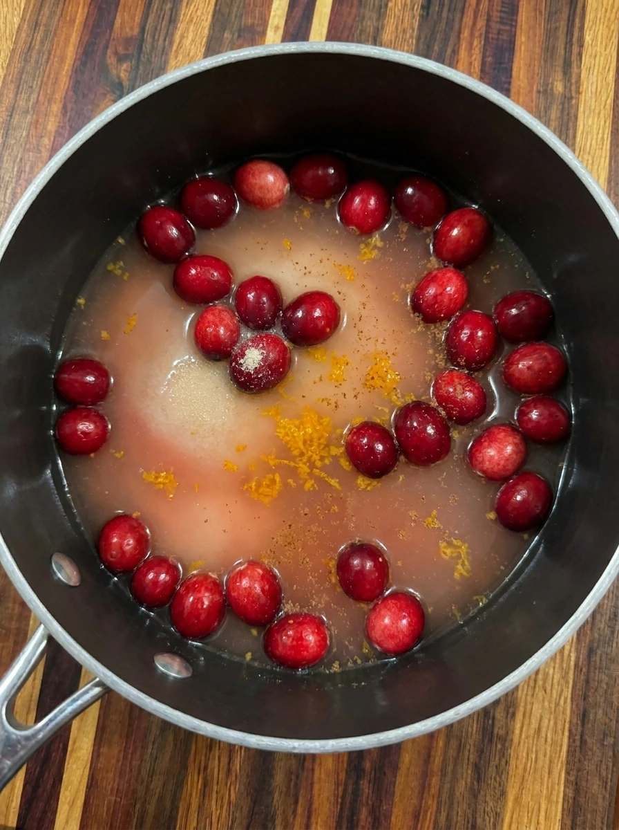 Cranberries combined with orange juice and sugar for Homemade Cranberry Sauce