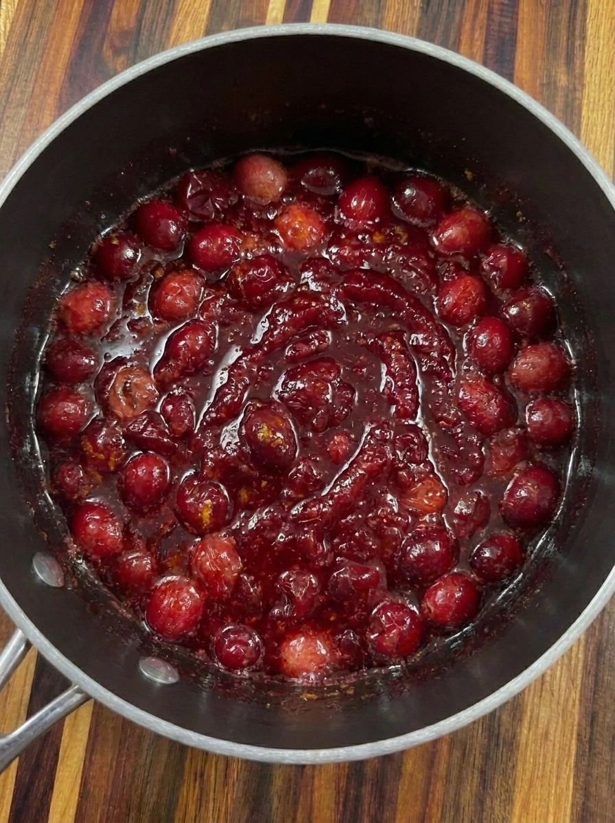 Thick glossy Homemade Cranberry Sauce in a saucepan