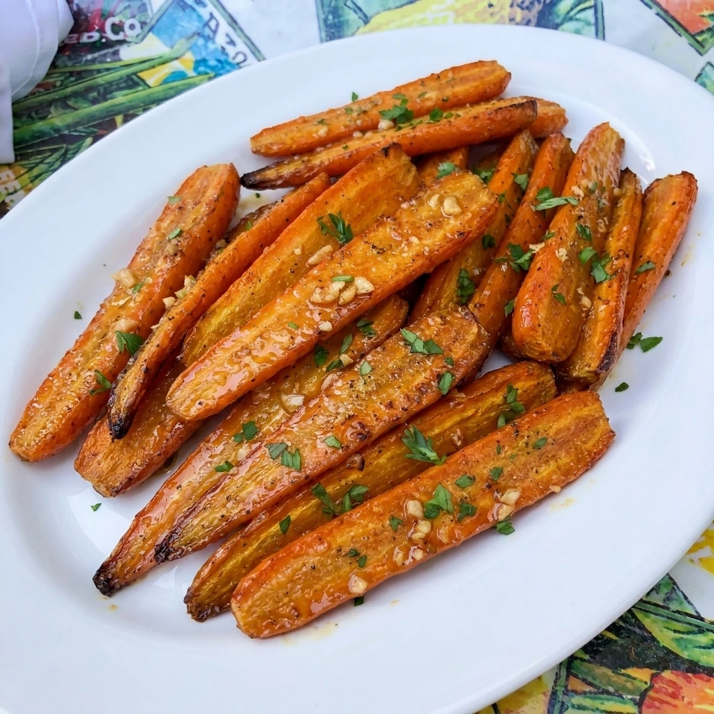 Honey Garlic Roasted Carrots with caramelized edges and fresh parsley on a white serving platter