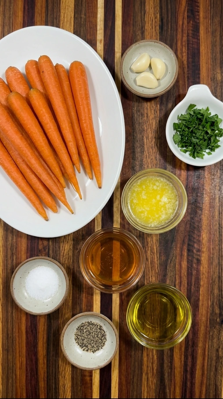 Ingredients for Honey Garlic Roasted Carrots including carrots and honey and garlic and butter