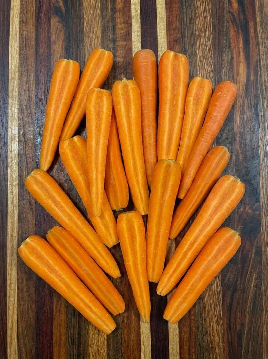 Twelve peeled carrots cut lengthwise into 24 halves for Honey Garlic Roasted Carrots