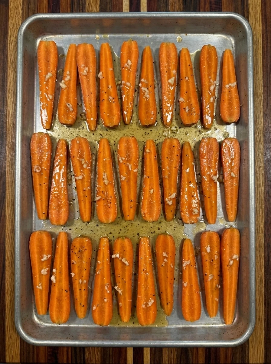 Raw carrot halves coated in honey garlic butter glaze on a roasting tray